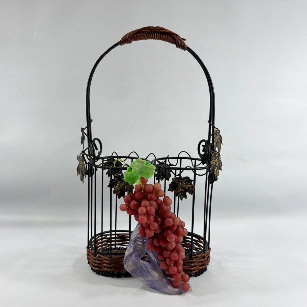 Double Wine Bottle Caddy Black Metal Wicker Green Red Grape Motif Tuscan Rustic
